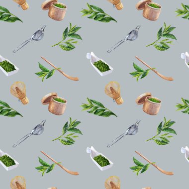 Japon yeşil çay seremonisi aletleri ve Matcha çay tozundan elle çizilmiş, pürüzsüz bir desen. Yeşil çay ve yapraklı dallar. Hediyeler için paket kağıdı. Tekstil için kusursuz desen. Gri döngülü arkaplan