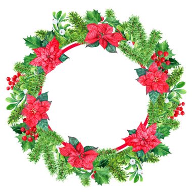 Köknar pençeli suluboya çerçeve kırmızı böğürtlen, noktalı böğürtlen ve Holliday tasarımı ve yeni yıl için diğer yeşil yapraklı dallar.