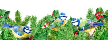 Suluboya Firavun patileri, Noel süsü, meme fareleri, ilex, Holly ve kırmızı böğürtlenlerle yatay alt kenar. Noel süslemeleri, kartlar, davetiyeler, göğüsler için
