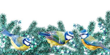 Suluboya Firavun patileri, Noel süsü, meme fareleri, ilex, Holly ve kar çilekleriyle yatay alt sınır. Noel süslemeleri, kartlar, davetiyeler, göğüsler için