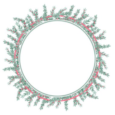 Meyveli, kurdeleli ve fiyonklu defne ağacı gibi gösterişsiz yeşil yapraklar çizen suluboya.