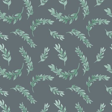 Özgeçmiş ve tekstil için gösterişsiz yeşillik dalının suluboya deseni. Tekstil ve ambalaj için kusursuz desen