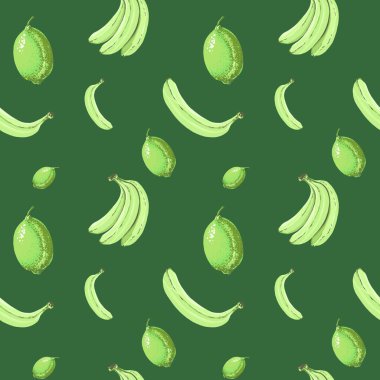 Tropikal meyvelerle ambalaj kağıdı. Tropik muzlu eklemsiz fayanslar, baskı tekniğinde limon. Muz çizimi, tekstil için koyu yeşil arkaplan üzerindeki kireç rengi