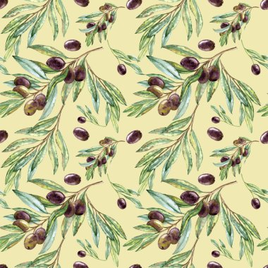 El çizimi suluboya eklemsiz desen. Siyah zeytinli zeytin dalları ve gider. Zeytin Hasadı