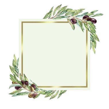 Zeytin yağı şişesi ve zeytin soslu el yapımı suluboya çizimleri. Siyah zeytinli zeytin dalları, limonlu sarımsak ve Tapenade soslu kase.