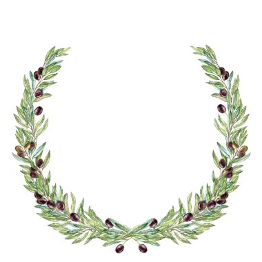 Zeytinli el çizimi suluboya çizimi ve gidiyor. Çelenk içinde siyah zeytinli zeytin dalları. Etiketler ya da davetiyeler için kupür sanatı. Kazanan çelenk. Heraldik sembol