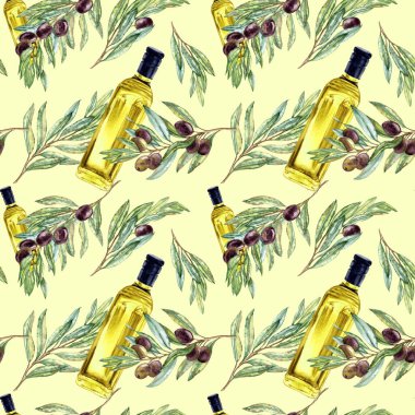 El yapımı suluboya dikişsiz fayanslar sarı zeytin yağı şişesi ve siyah zeytinli zeytin dalları