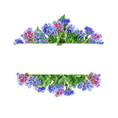 El çizimi suluboya çiçekler. Küçük mavi kızılötesi ışınlar. Yaz, sonbahar bahçesi çiçekleri. Çiçeklerdeki yaban arıları. Mor mavi Ageratum çiçekleri dikdörtgen fotokopi uzayı ile. Düşük mavi çiçek. Bahçe yatağı