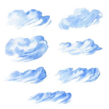 Mavi bulutlu suluboya el çizimi. İlkbahar gökyüzü. Kamyon dizaynı için kümülüs bulutları. açık mavi fırtına bulutu