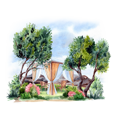 Ağacın altında, suluboya tekniğiyle çiçek açan yerin yakınındaki el çizimi köşk. Yaz manzarası ve yaz dinlenme yeri