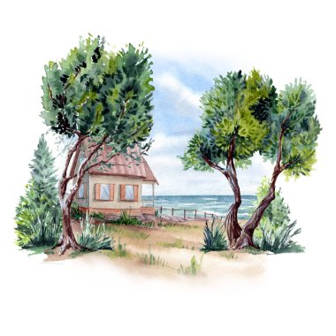 Yaz yeşilliği. Yeşil manzaralı deniz, yeşil ağaçlar, çimenler ve gökyüzü. Deniz kenarında dinlenmek için evi olan doğa manzarası. Yaz doğa manzarası