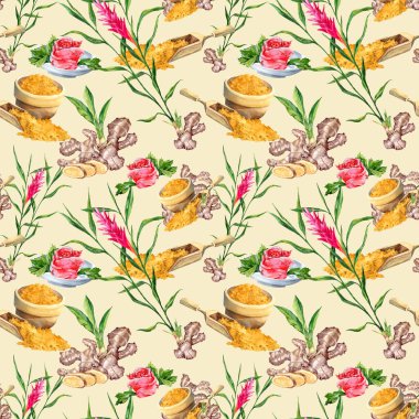 El yapımı suluboya, zencefil kökleri ve yeşillik ambalaj kağıdı. Değirmenli ve turşulu zencefil. Zencefil köklü kusursuz desen 