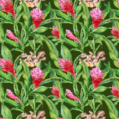 El yapımı suluboya, zencefil kökleri ve yeşillik ambalaj kağıdı. Zencefil çiçekleri ve yapraklarla kusursuz desen