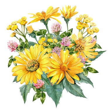 Sarı renkli çiçek buketi. El yapımı Heliopsis, Tansy ve Yapraklı Çiçekler. Tebrik kartları, etiketler ve yaz dekorasyonu için bal taşıyan çiçekler. 