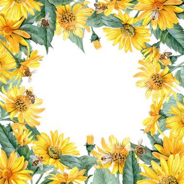 Kare çerçeve, sarı renkli bahçe çiçekleri. Yapraklarla çizilmiş Heliopsis çiçekleri. Tebrik kartları, etiketler ve yaz dekorasyonu için bal taşıyan çiçekler. Çiçeklerdeki arılar