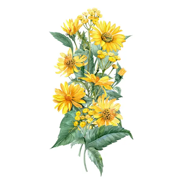 Sarı renkli bahçe çiçekleriyle dikey buket. El yapımı Heliopsis ve Tansy çiçekleri. Tebrik kartları, etiketler ve yaz dekorasyonu için bal taşıyan çiçekler.