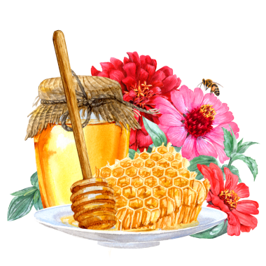 Ballı ve ballı çiçeklerle çizilmiş el yazısı. Can with Honey ile suluboya resim, bal peteği, bal ve polen için bir kaşık. Çay kaşığı ve ballı çay tabağı.