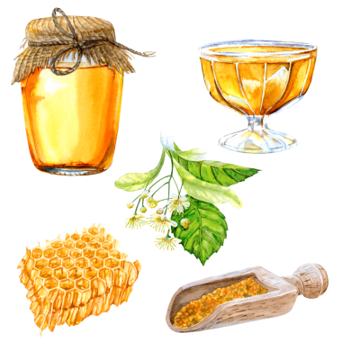 Ballı ve ballı çiçeklerle çizilmiş el yazısı. Can with Honey ile suluboya resim, bal peteği, bal ve polen için bir kaşık. Çay kaşığı ve ballı çay tabağı.