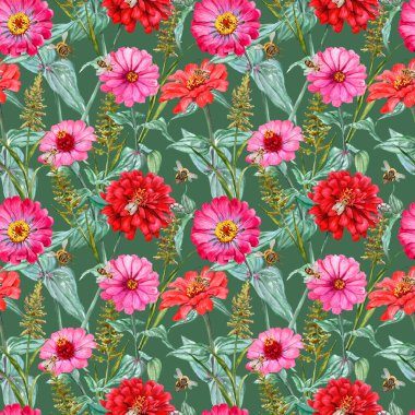 Pembe ve kırmızı renklerde bahçe çiçekleriyle kusursuz desen. El çizimi Zinnia çiçekleri. Tekstil için bal taşıyan çiçekler. Döngülü arka plan. Yaz kaplaması. Çayır bitkileri 