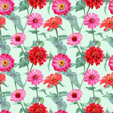 Pembe ve kırmızı renklerde bahçe çiçekleriyle kusursuz desen. El çizimi Zinnia çiçekleri. Tekstil için bal taşıyan çiçekler. Döngülü arka plan. Yaz kaplaması. Çayır bitkileri 