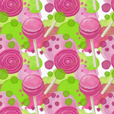 Suluboya tekniğiyle çizilmiş lolipoplar. Pembe-yeşil renklerde kusursuz desen. Sıçramalar ve şekerler. Parlak yeşil ve gül lekeleri sarma veya tekstil için elementler