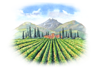 Kova tekniği etiketler, menüler, davetiyeler ve broşürler için şarap çiftliği ile birleşir. Üzüm çiftliği ve üzüm tarlalarıyla renklendirilmiş manzara