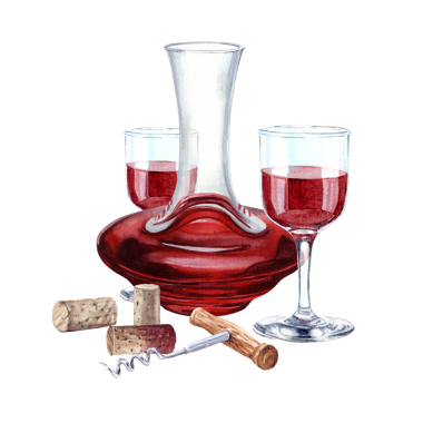 Suluboya çizimi. Bir sürahide kırmızı şarap, bir bardak ve bir şişe şarap, bir tirbuşon ve bir şişe tıpası.