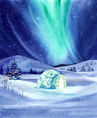 Kuzey ışıkları ve karlı suluboya manzara. Noel kartı. Yıldızlı gece. Kış gecesi manzarası. Derin mavi gökyüzü ve aurora ışıkları. Yeni yıl kutlaması. Kuzey manzaralı tebrik kartı ve kardan yapılmış bir kulübe.