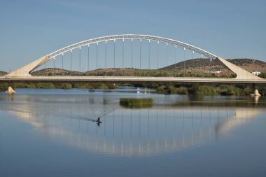 Nehirdeki bir köprü ve teknede giden bir adam.
