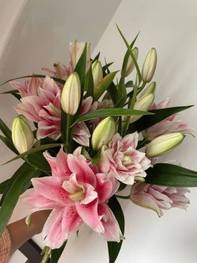 Ellerinde pembe zambak buketi