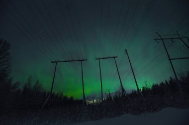 Gökyüzünde parlak yeşil aurora Rovaniemi, Laponya 'da elektrik hatlarının arkasında