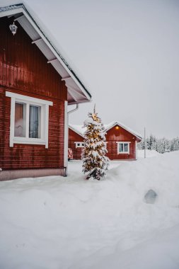 Rovaniemi, Laponya 'da Noel ağacı olan Noel Baba Köyü' nde kırmızı evler.