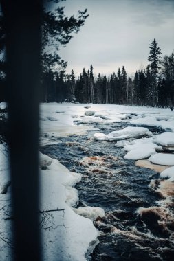 Kışın Rovaniemi yakınlarında Laponya 'da buzla kaplı bir nehir.