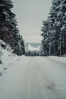 Karlı caddeden Ounasvaara kayak merkezine Rovaniemi, Laponya kışın