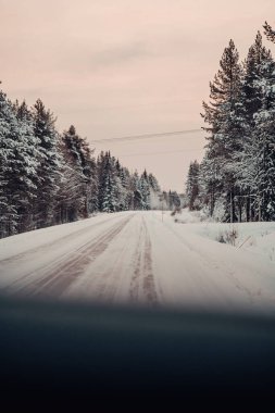Kışın Laponya, Rovaniemi 'de gündoğumunda Lappish Ormanı' ndan geçen buzlu yol