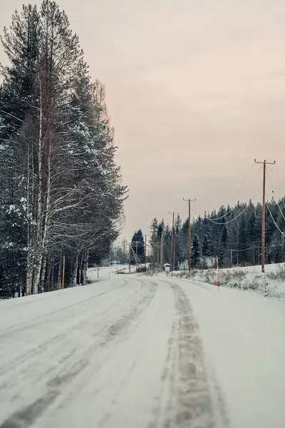 Lappish kışındaki buzlu yol Rovaniemi, Laponya 'daki orman ve elektrik hatlarının yanında.