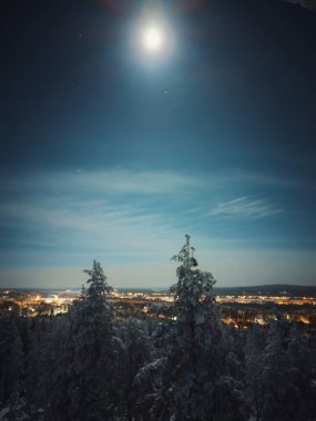 Rovaniemi şehir ışıkları kışın Syvasenvaara gözlem kulesinden gece görüş alanında.