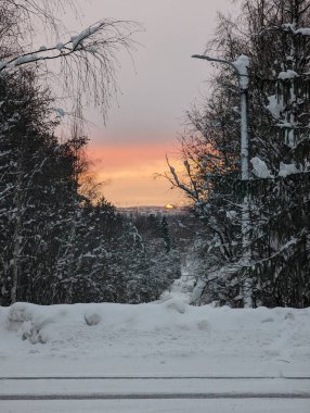 Laponya 'da karlı Rovaniemi ufuk çizgisinde gün batımı
