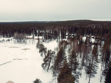 Rovaniemi, Laponya 'da donmuş nehrin yanındaki ormandaki ahşap kulübeler, havadan çekim.