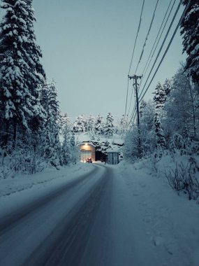 Karlı yol ormandan geçerek Rovaniemi, Laponya 'daki nükleer sığınağa gidiyor.