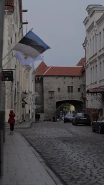 Tallinn, Estonya 'daki eski şehir duvarı ortaçağ mimarisi, rec709 4k dikey