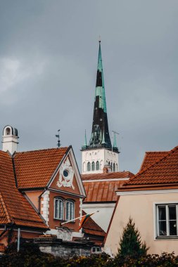 Estonya 'nın Tallinn kentindeki eski binaların üzerinde mavi kilise kulesi var.