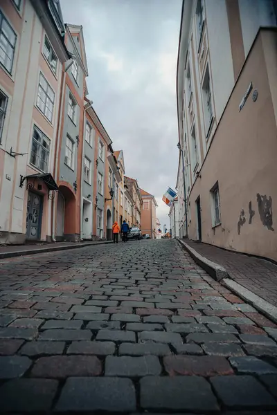 Tallinn, Estonya 'da eski bir kasabada bulut dolu bir sonbahar gününde Fransız bayrağı sallanıyor