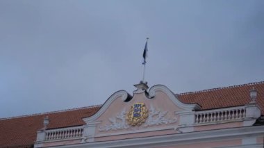 Estonya bayrağı Estonya 'nın Tallinn kentindeki pembe binanın tepesinde.