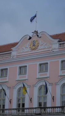 Estonya bayrağı eski Tallinn, Estonya 'daki pembe binanın tepesinde dikey