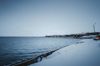 Longyear, Svalbard 'da kışın kutup okyanusunun yanındaki evler
