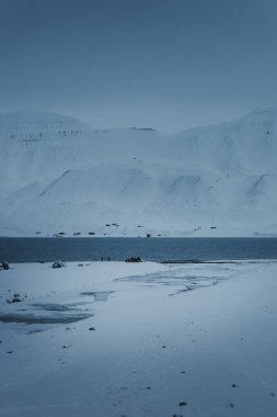 Frozen river leading out to the arctic ocean in Longyearbyen, Svalbard