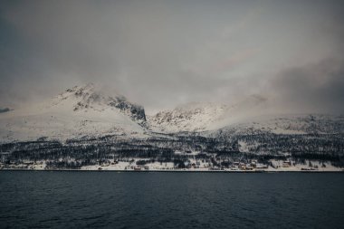 Kuzey Norveç 'teki Lyngen Alpleri' nde kış manzarası bulutlu.
