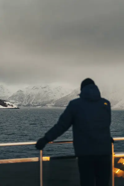 Kuzey Norveç 'te bulutlu bir günde karlı Lyngen Alplerine bakan bir adam.