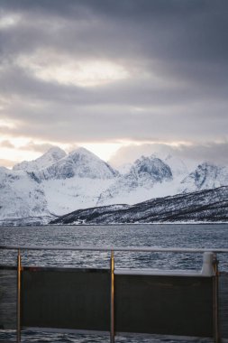 Norveç Lyngen Alpleri karlı dağ manzaralı tekneden